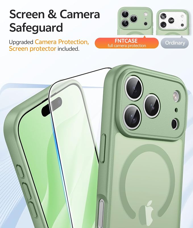 FNTCASE for iPhone 17 Pro Case, Fit for Magsafe, Screen Protector | Full Camera Protection, Translucent Matte, 14FT Military Grade Drop Proof, Shockproof Protective Phone Cover, Light Moss - Image 4