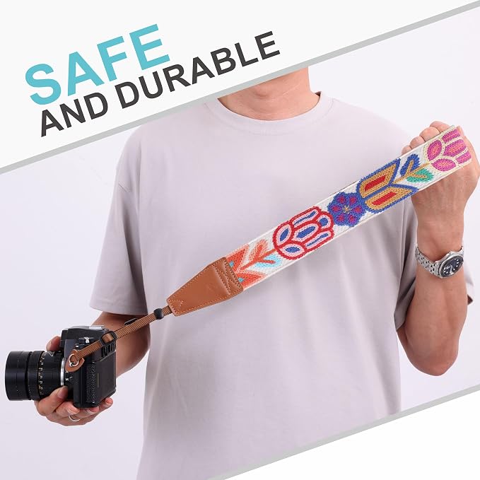 Padwa Lifestyle Colorful Crochet Camera Strap - 2" Full Grain Leather Ends Camera Straps for Photographers, Vintage Woven Cotton Soft Suede Fabric Padded Strap with Quick Release fits All Cameras - Image 7