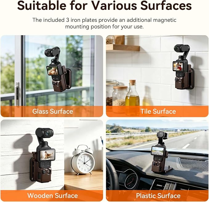 AMAZEAR Magnetic Mount Stand Compatible with DJI Osmo Pocket 4P/4/3/Xtra Muse, Pocket4 Accessories Adapter Clamp Magnet Suction Case Holder on Desktop/Vertical Surface, 180° Adjustable Handle, Brown - Image 7