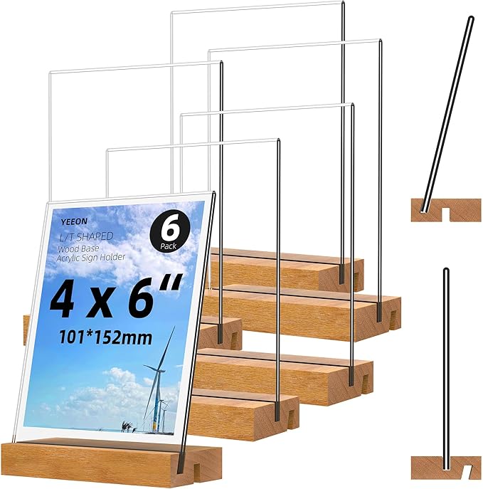 4x6 Inch Acrylic Sign Holder with Wooden Base, Desktop Display Stand (4x6 6Pack) by YEEON