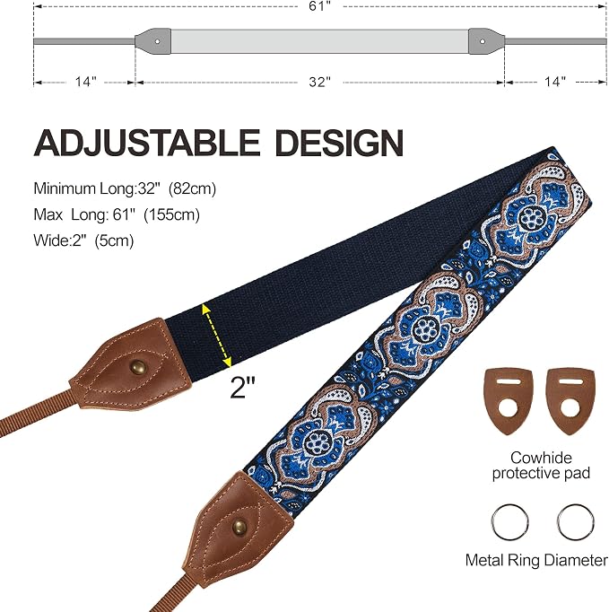 Padwa Lifestyle 2" Wide Classic Crazy Horse Art Cowhide Head Cotton Camera Straps for Photographers - Image 5