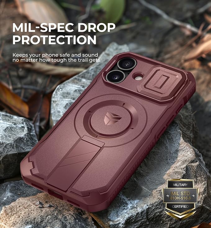 Dexnor for iPhone 16 Case with Slide Camera Cover & Adjustable Kickstand, Magnetic Rugged Shockproof Bumper Cases Heavy-Duty Magnetic Protective Cover,Maroon Red - Image 6