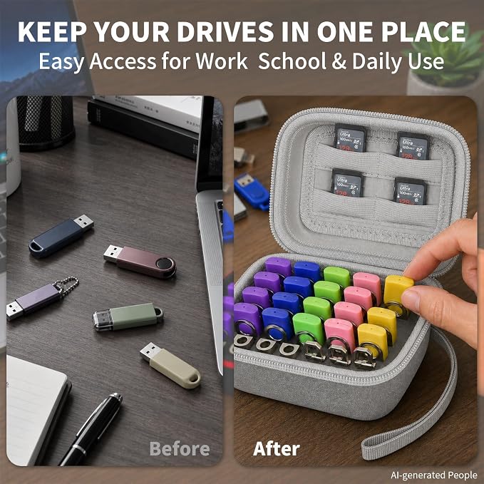 Comecase USB Flash Drive Case, Holds 26 USB Drives and 4 SD Cards | Pre-Cut Foam Fits Mixed USB Drives; EVA Shell, Holds 26 USB & 4 SD Cards, Compact, Grey, Small, Case Only - Image 5