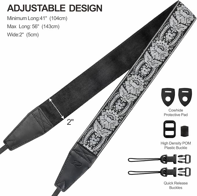 Padwa Lifestyle Gray Flower Camera Strap - 2" Full Grain Leather Ends Camera Straps for Photographers, Vintage Embroidered Cotton Weave Soft Suede Fabric Padded Strap Quick Release fits All Cameras - Image 6