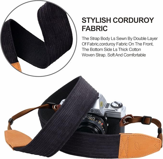 Padwa Lifestyle Corduroy Camera Strap - 2" Double Layer Full Grain Cowhide Leather Head Camera Straps for Photographers, Unique Soft Corduroy Fabric with Quick Release fits all Cameras -Black - Image 4
