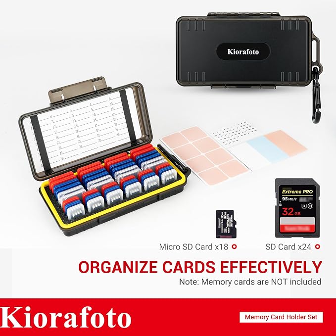 Kiorafoto Memory Card Case w 24 SD & 18 TF Transparent Standard Card Cases | Water-Resistant,Dual Protect,for 24 SD SDXC SDHC & 18 TF MSD Cards,Memory Card Holder Organizer,with Carabiner & Labels - Image 2