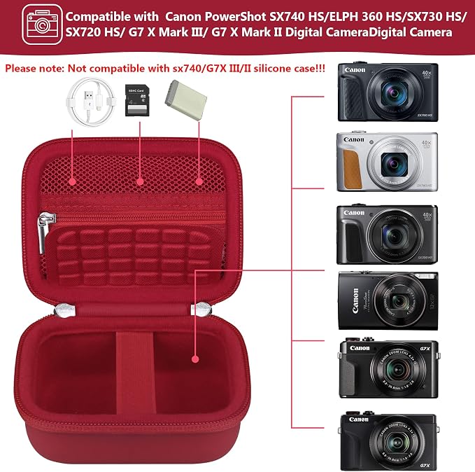 Carrying Case for Canon PowerShot SX740 HS, SX730 HS Camera, Red | SX720 HS, SX620 HS, G7 X Mark III, G7 X Mark II Digital Camera, Storage Holder Travel Bag with Mesh Pocket for Battery Pack - Image 2