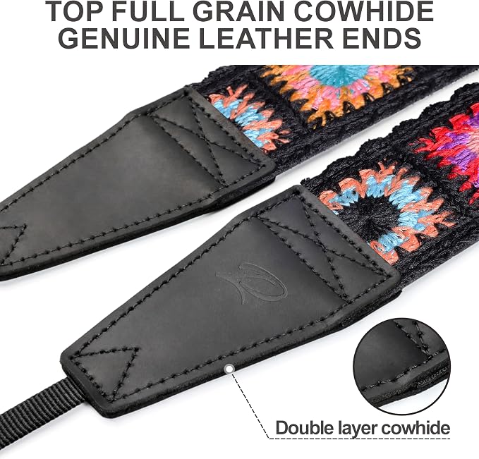 Padwa Lifestyle Colorful Crochet Camera Strap - 2" Full Grain Leather Ends Camera Straps for Photographers, Vintage Embroidered Cotton Soft Suede Fabric Padded Strap Quick Release fits All Cameras - Image 2