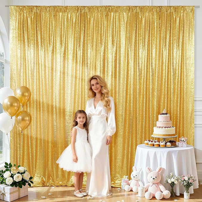 SquarePie 10x10ft Gold Sequin Backdrop, High Density Non-Transparent Glitter Curtain for Photography, Birthday, Wedding Party Decorations, Thick Solid Background with 4" Rod Pocket, 1 Panel - Image 2