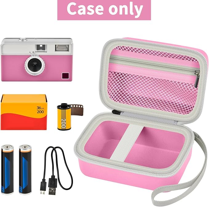 Film Camera Case for Kodak EKTAR H35 H35N Half Frame Film Camera | Camera and 35mm Film Rolls Storage, Mesh Pocket for Small Accessories, Travel and Home Organization; Large, Pink, Case Only - Image 2
