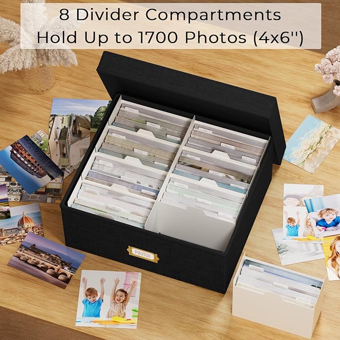 Decorative Photo Storage Box, 2 Pack Linen Photo Box Hold 1700 4x6 Pictures | Photo Storage Containers with 8 Dividers, Memory Keepsake Organizer for Photos, Scrapbook Supplies, Cards, Stamps, Black - Image 2