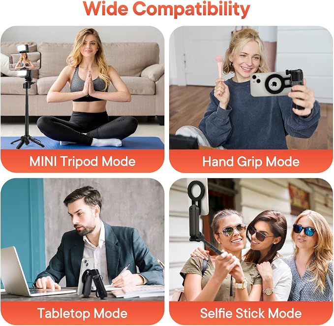Magnetic Tripod for iPhone with Light, Mini Selfie Stick with Ligt | Pocket Size Selfie Stick with Wireless Remote Control & 2 Fill Light for Photograph, Vlogging Compatible with iPhone/Android - Image 7