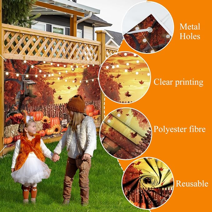 Fall Banner 12x8ft Polyester Harvest Hay Farm Pumpkin Patch Backdrop Sunflower Maple Photo Backdrops Thanksgiving Banner Decorations for Party - Image 6