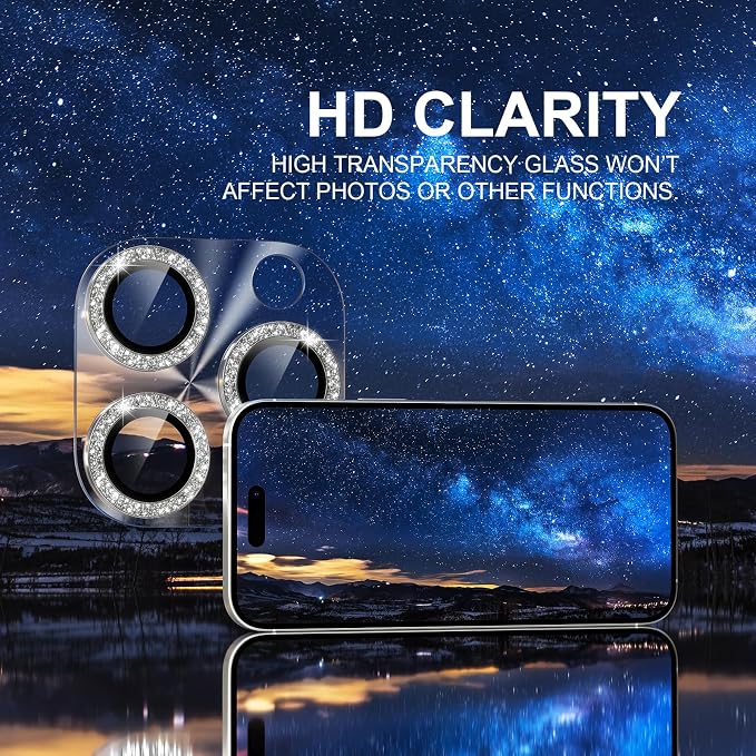 Choiche for iPhone 16 Pro/iPhone 16 Pro Max Camera Lens Protector | Bling Camera Cover with 9H Tempered Glass Lens Screen Protector Metal Ring Decoration Accessories (Clear-Silver) - Image 5
