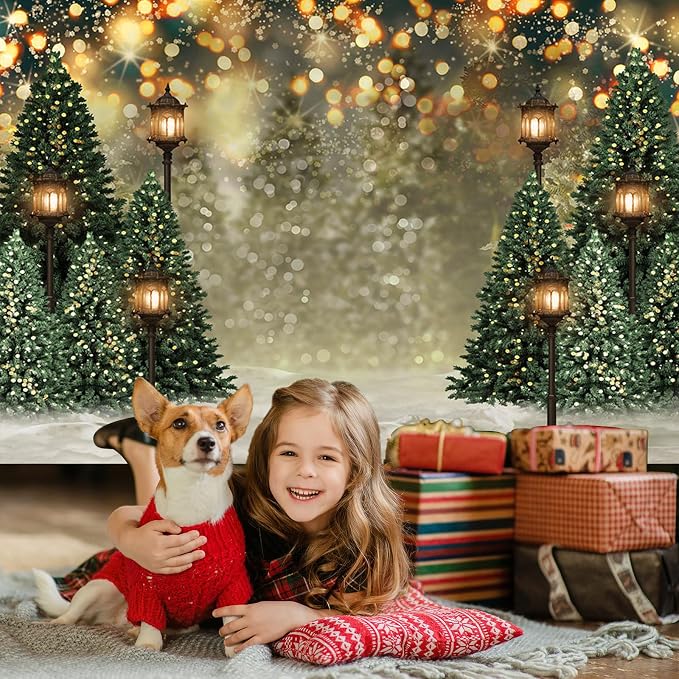 Mocsicka 10x8ft Winter Snowflake Christmas Tree Backdrop Christmas Glitter Bokeh Newborn Baby Shower Birthday Photo Backdrops Xmas Pine Tree Party Decors Photography Background - Image 2