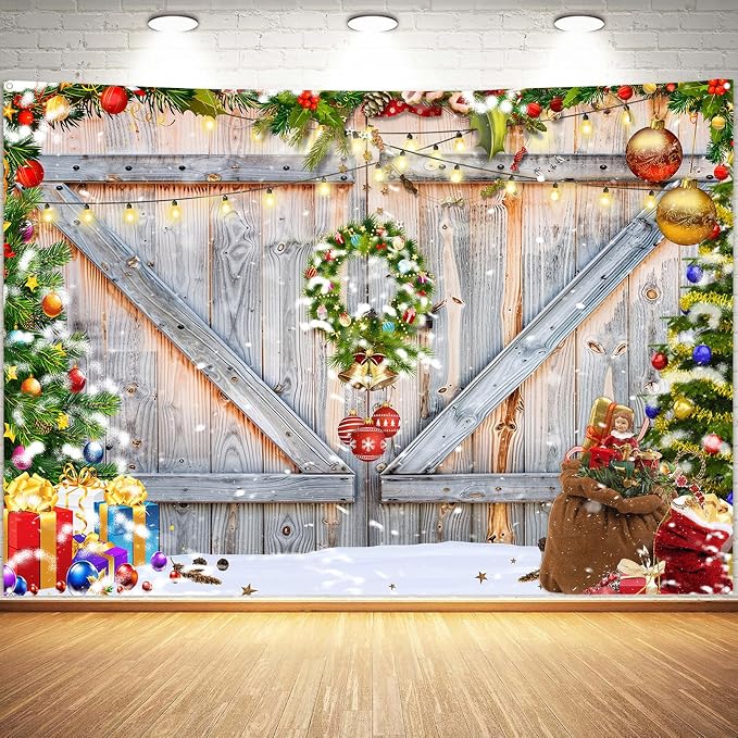 Christmas Photo Backdrop for Photography, 7x5ft | Vinyl Merry Xmas Wall Background for Photoshoot, Red Gift Snow Tree, Rustic Barn Wood Door, for Outdoor, Party Decorations by TERSUM