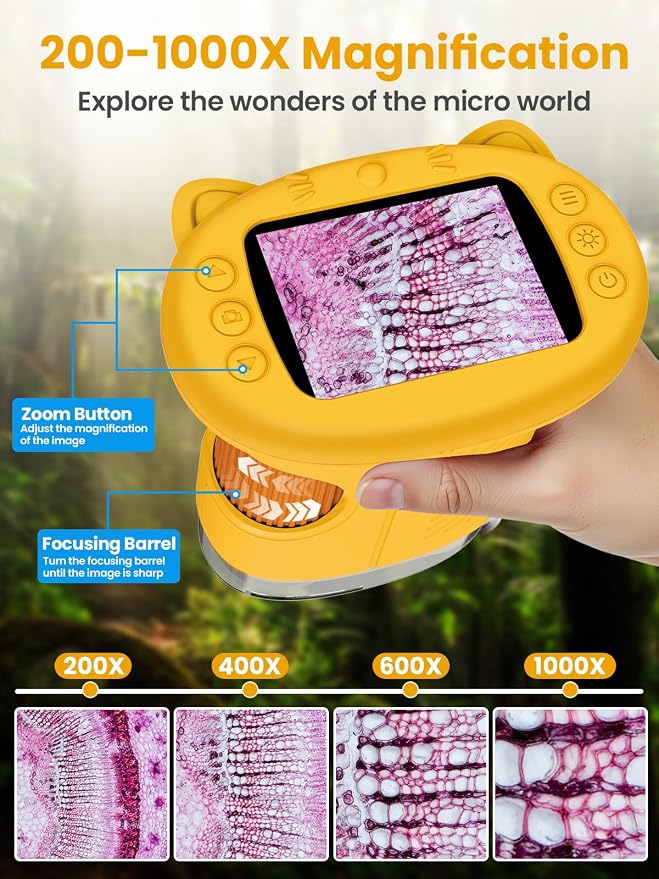 Microscope for Kids, 2.4 Inch Digital Microscope with 1000X Magnification, Handheld Camera Mini Pocket Magnifying Glass, Educational Birthday Gifts Toys for Ages 3+, Yellow - Image 4