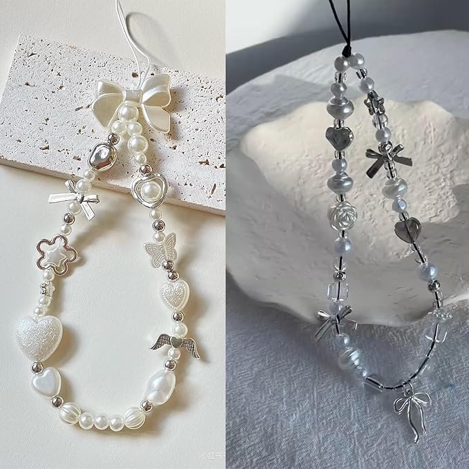 2 Pcs Phone Charm Strap Hand for iPhone Wrist Strap Camera Lanyard Pearl Beaded Cute Chain String Accessories Universal for iPhone 17 Pro 16 15 Samsung Women Girls Keychain Pearl Heart and Butterfly - Image 9