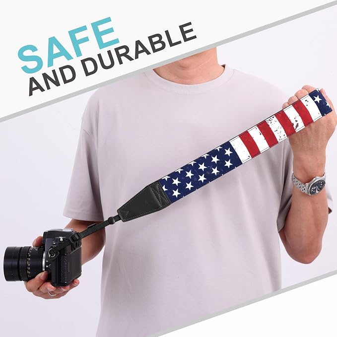 Padwa Lifestyle American Flag Print Camera Strap - 2" Full Grain Leather Ends, Vintage Flag Pattern Camera Straps for Photographers, Soft Chamois Velvet Padded Strap Quick Release fits All Cameras - Image 7