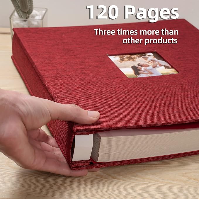 HoneyTolly Large Photo Album Self Adhesive, DIY Scrapbook Album for 600 Photos, 13"x12.6" 120 Pages Linen Cover Memory Book(Red) - Image 4