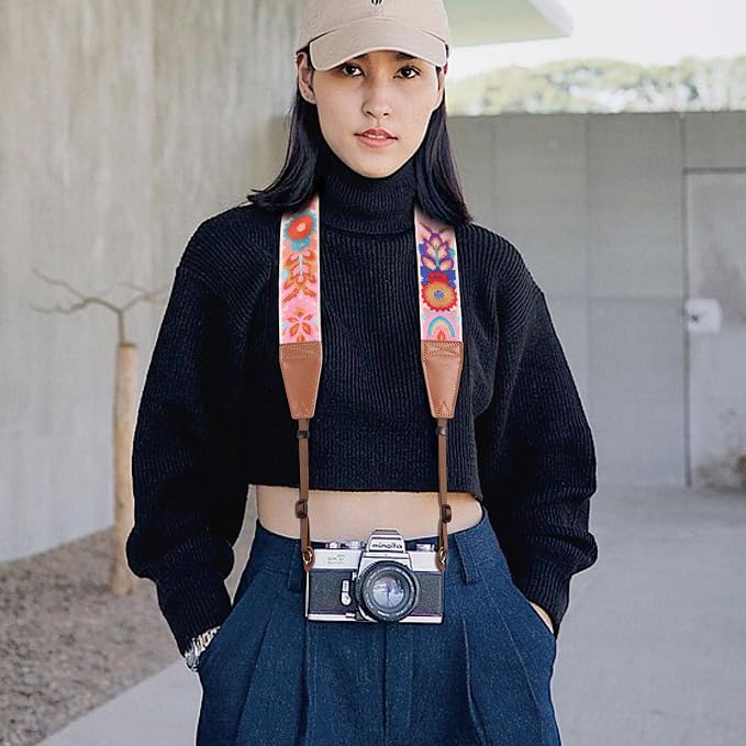 Padwa Lifestyle Colorful Knit Camera Strap - 2" Full Grain Leather Ends Camera Straps for Photographers, Vintage Embroidered Cotton Soft Suede Fabric Padded Strap Quick Release fits All Cameras - Image 5