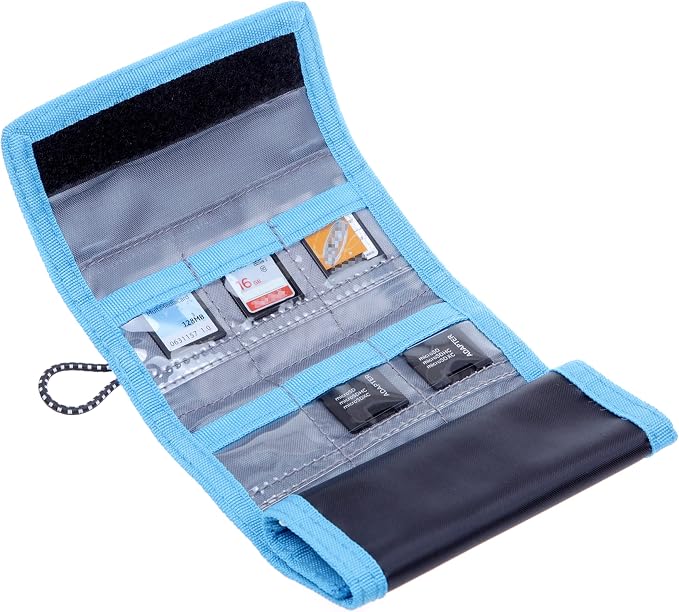 Memory Card Wallet - SD Card Storage - Slim and Foldable with Transparent Slots - Can Carry Up to 15 SD Cards - Straps with Tether Included - (Black/Blue) - Image 7
