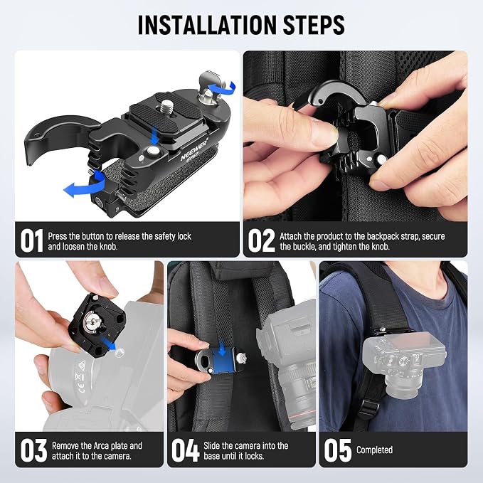 NEEWER Backpack Camera Clip Mount with Square QR Plate, Upgraded Safety Latch, Quick Release Camera Belt Clip Backpack Strap Compatible with PD QR System Canon Nikon Sony DSLRs, GP67 - Image 7