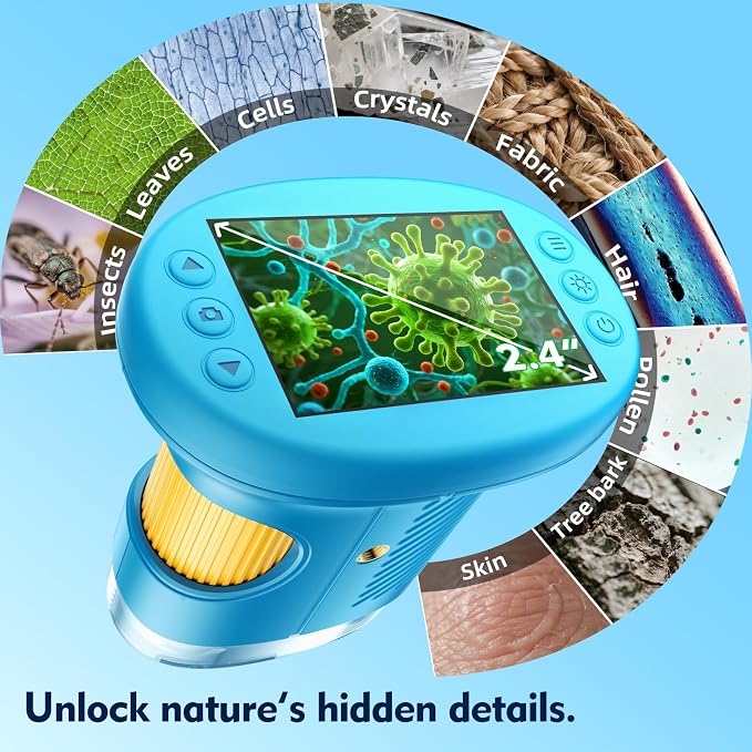 Odatay 4K 1000X Digital Microscope for Kids with 32G Card, Long Distance Viewing & 2.4" Screen Portable Handheld Edu Toys for Age 3-12 Exploring Bugs Plants at Home Classroom & Outdoor Travel, Blue - Image 8