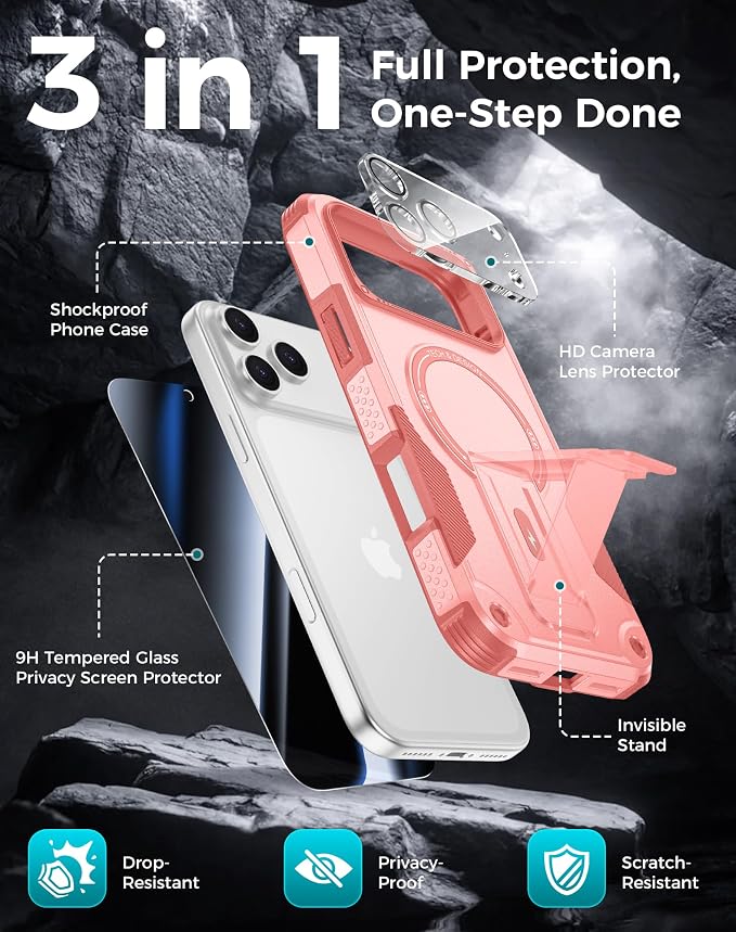 Goton 3 in 1 for iPhone 17 Pro Max Case with Privacy Screen Protector Pink | Glass Camera Lens Protector,Compatible for MagSafe,Invisible Kickstand, Shockproof Phone Cover for iPhone 17 Promax - Image 3