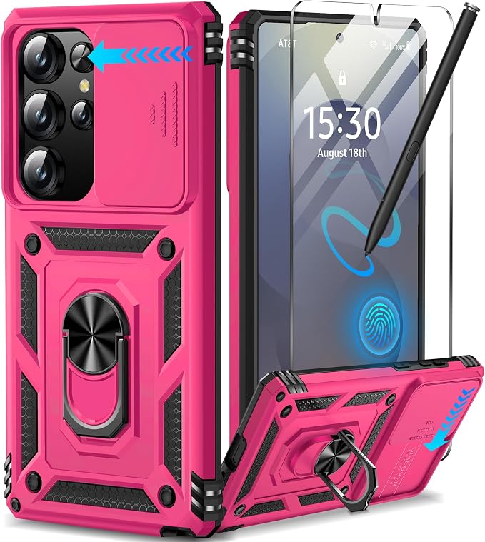 Taisairu for Samsung Galaxy S25 Ultra Case with Screen Protector & Slide Camera Lens Cover, Built-in Magnetic Ring Stand Shockproof Protective Phone Case for Samsung S25 Ultra Case (Hot Pink) by Taisairu