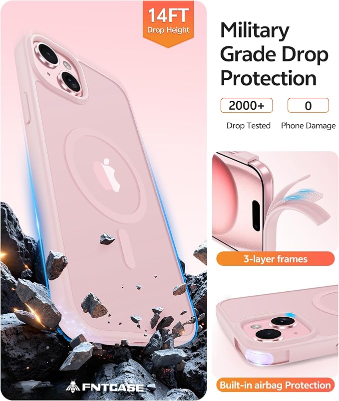 FNTCASE for iPhone 15/14/13 Case, Fit for Magsafe, Glass Screen Protector | Translucent Matte, Magnetic Phone Cases, 14FT Military Grade Drop Protection, Slim Shockproof Protective Cover, Light Pink - Image 5