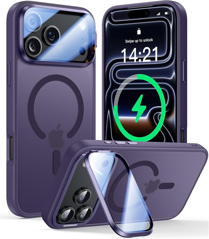 VOFATA [Upgraded Full Camera Protection] for iPhone 17 Pro Case with Camera Cover Stand [Fit for MagSafe][10FT Mil-Grade Protection] Translucent Magnetic iPhone 17 Pro Phone Case, Purple by VOFATA