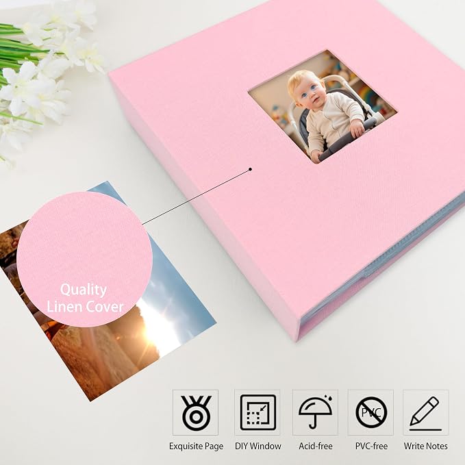 4x6 Photo Album Holds 240 Photos Writing Space, Linen Cover, Pink | Clear Acid-Free Sleeves, Memo Writing Areas, Front Display Window, Baby, Wedding, Travel & Family Picture Keepsakes - Image 6