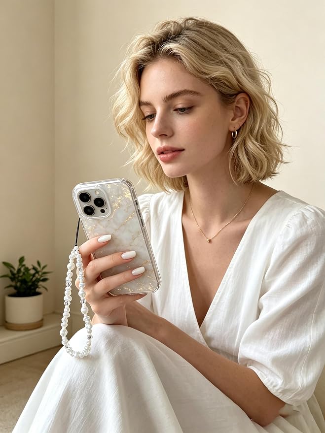 2 Pcs Phone Charm Strap Hand Wrist Strap Camera Lanyard Pearl Beaded Cute Chain String Accessories Universal for iPhone 17 Pro Max 16 15 14 for Samsung Women Girls Keychain Bag White Pearls and Bows - Image 3