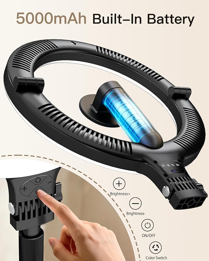 NiceVeedi 10.2” Magnetic Desk Ring Light with Stand, 5000mAh Rechargeable Desktop Ring Light for Phone，3 Color Foldable Selfie Light for Live Stream/Makeup/TikTok/YouTube/Photography/Zoom/Vlogging - Image 6