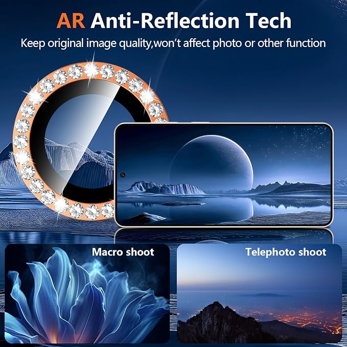 for Samsung Galaxy S26 Plus Camera Lens Protector, Individual Metal Ring Tempered Glass Lens Cover, [Strong Adsorption] Scratch Resistant Ultra-Thin HD Clear Lens Cover, 1 Set-Orange Diamond - Image 3