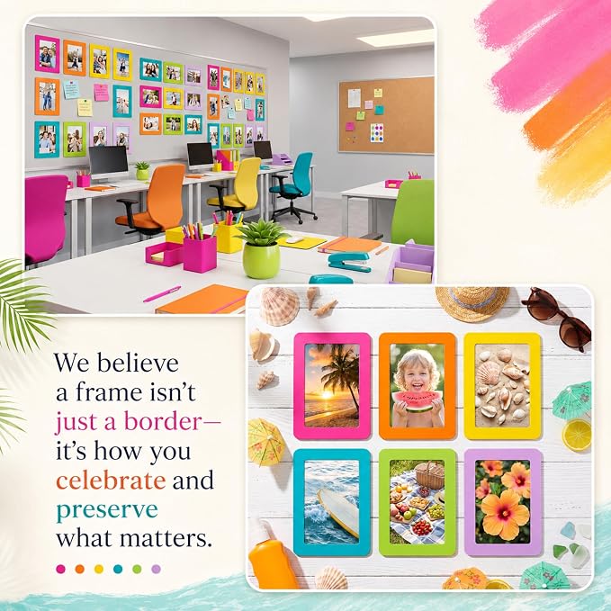 12 Pack 4x6'' Hot Summer Bright Magnetic Picture Frames | Vibrant Colorful Magnet Photo Borders for Refrigerator Locker Classroom Kids Room Decor - Open Face Playful Home Accessories - Image 6