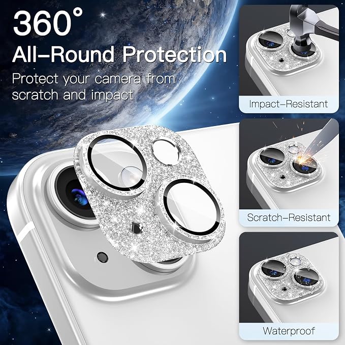 [2 Pack] Bling Camera Lens Screen Protector for iPhone 13/13 Mini with 9H Tempered Glass Aviation Aluminum Plate Cover Metal Ring,Night Circle,No Bubble,HD Clarity,Easy Installation-Glitter Silver - Image 4