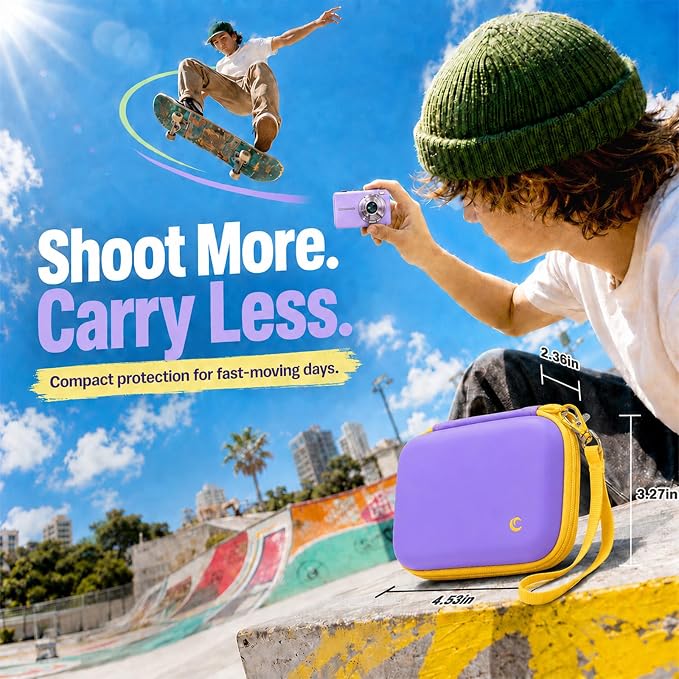 Comecase Digital Camera Case for Kodak FZ55/FZ45, Purple&Yellow Zipper | Hard EVA Shell, Padded Divider and 2 SD Card Slots Organize a Compact Camera, Charger and Cable for Travel. Case Only. - Image 9