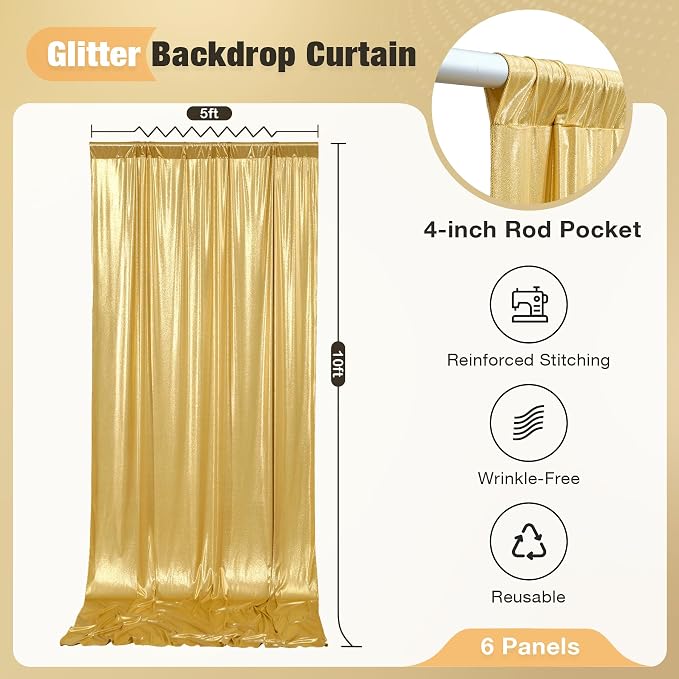 30x10FT Gold Sequin Backdrop Curtain for Party - 6 Panels 5x10FT Wrinkle-Free Shimmer Drapes for Birthday, Wedding, Christmas, Decorations & Photography - Image 2