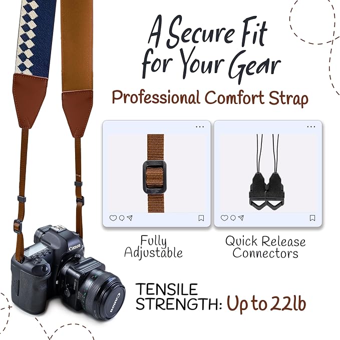 Art Tribute Camera Strap - Shoulder, Crossbody & Neck Camera Strap for Photographers, Fits All Cameras, Canon Nikon Sony Fujifilm, Padded Strap W/Quick Release, Embroidered Cotton & Leather Ends - Image 4