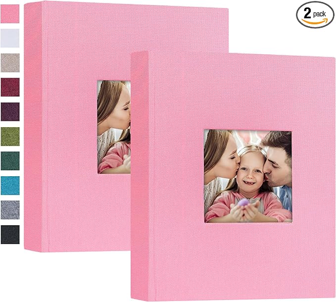 Mublalbum 2 Pack Small Photo Album 5x7, 52 Pockets, Linen Cover,Pink | Linen Cover with Display Window, 52 Vertical Pockets, Portable Mini Picture Book for Artwork Postcards, Picture Storage by Mublalbum