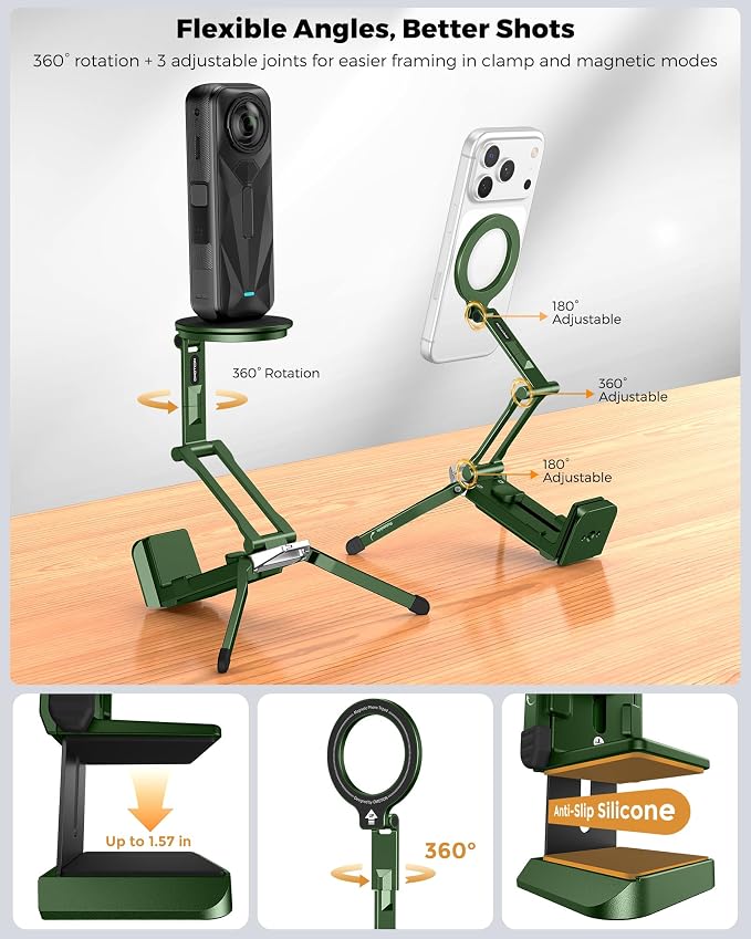 OMOTON TP02-Ultra Multi-Device Camera & Phone Mount with 1/4" Adapter Green | Built-In 1/4" & Arca Base, Clamp, Magnetic & Tripod Setups for iPhone, Pocket/Action Cameras, Overhead & Low-Angle Filming - Image 8