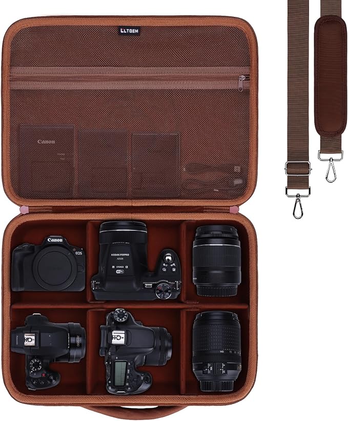 Large Camera Case Bag for Canon/Sony/Nikon Camera and Multiple Lens Brown | Hard Travel Carrying Case Bag for Canon/Sony/Nikon DSLR SLR Mirrorless Camera and Multiple Lens with 5 Dividers by LTGEM
