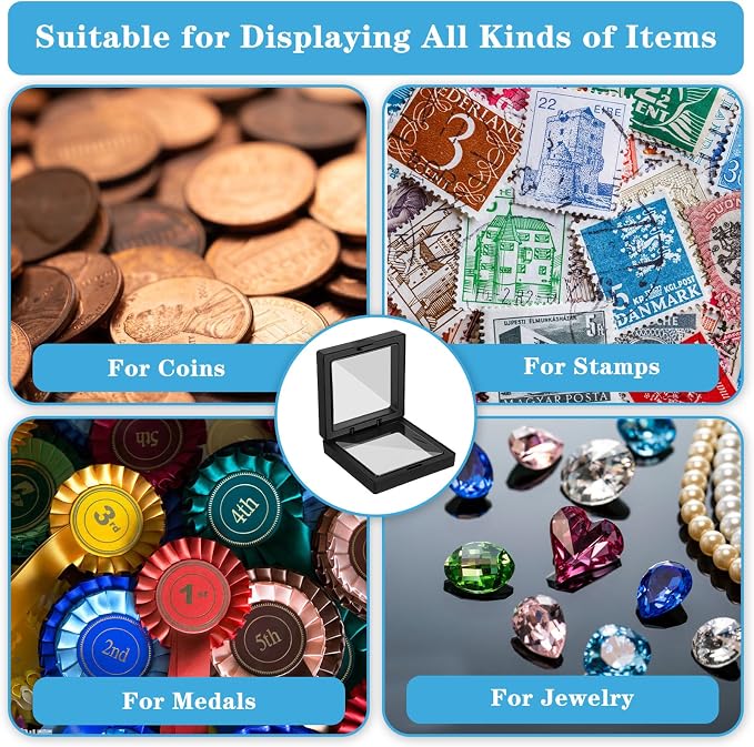 Molain 60 Pcs Coin Holder Challenge Coin Display Stand, 3D Floating Display Case 2.8 x 2.8 x 0.8 Inch Clear Film Jewelry Storage Box, Coins Case Frame Stand for Challenge Coins Fossils Rocks, Black - Image 5