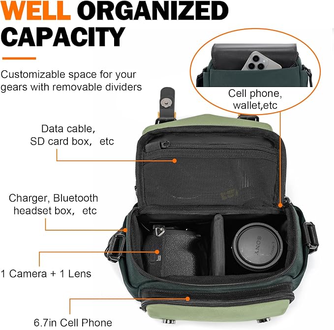 Cwatcun Compact Camera Sling Bag, Small Crossbody Case with Tripod Holder | Camera Messenger Bag, Photography Bag for Canon, Nikon, Sony, Fuji DSLR/SLR/Mirrorless, Lens.Fits 1DSLR+1lens - Image 3