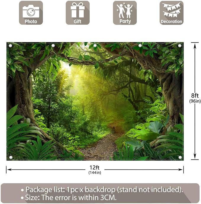 12x8ft Jungle Forest Photography Backdrop Rainforest Background | Tropical Kids Adults Party Supplies, Natural Scenery Banner, Safari Photo Booth, Polyester, Grommets, 1PC - Image 3