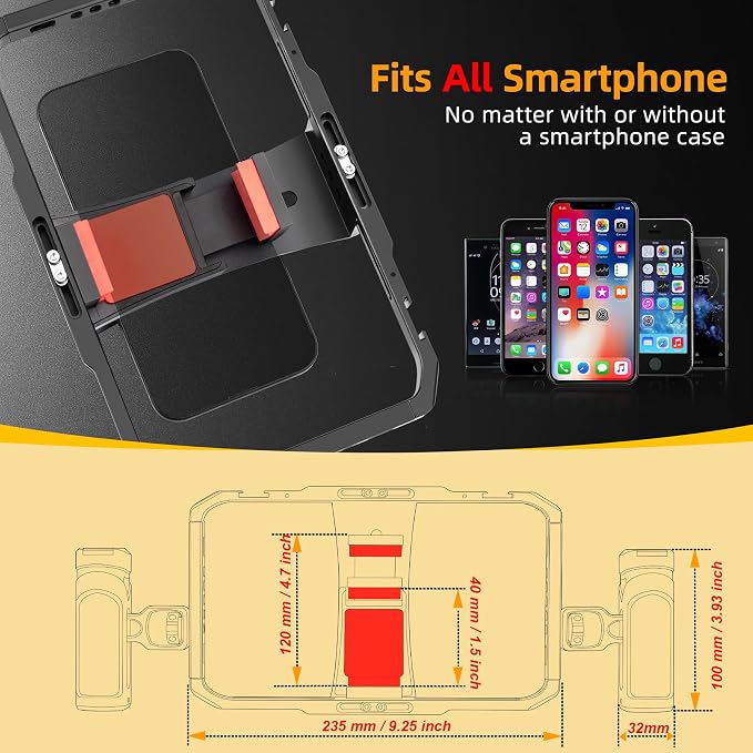 Zeadio Smartphone Video Rig, Phone Cage with Adjustable Dual Handles & Movable Mount, 8 Cold Shoes & 26 1/4" Thread Holes, Filmmaking Stabilizer for All Smartphones, Vlogging YouTube Tiktok Recording - Image 4