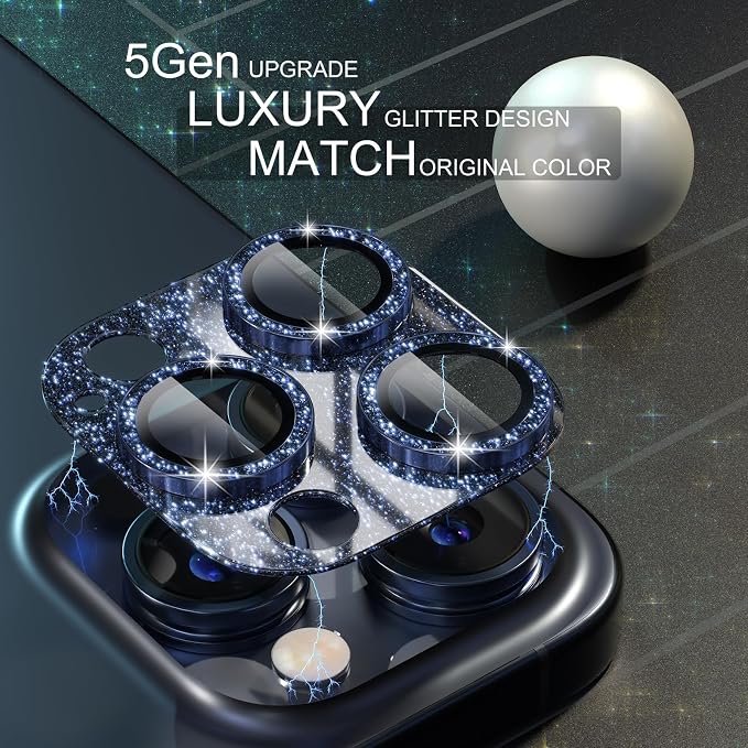 Choiche for iPhone 15 Pro/iPhone 15 Pro Max Camera Lens Protector | Bling Camera Cover with 9H Tempered Glass Lens Screen Protector Metal Ring Decoration Accessories (Glitter-Titanium Blue) - Image 3