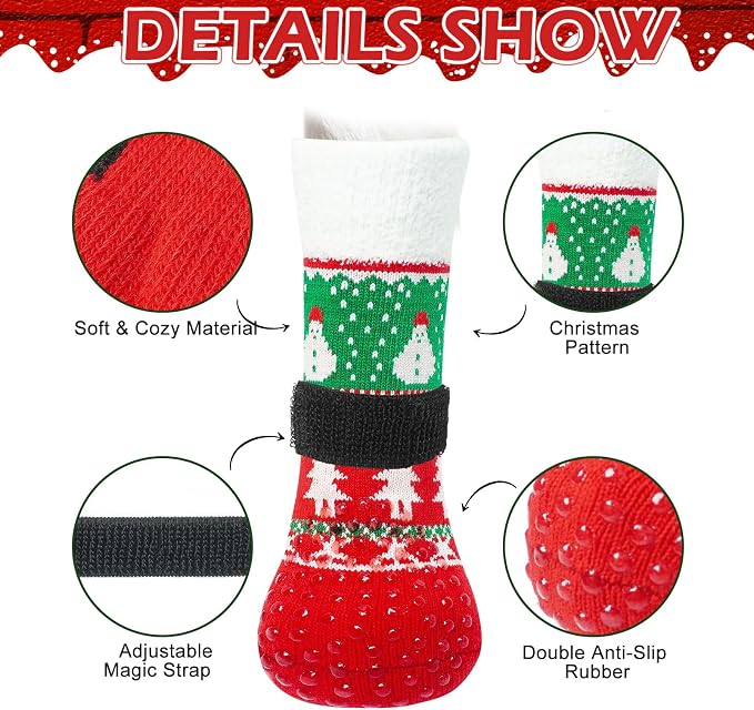 EXPAWLORER Christmas Anti-Slip Soft Dog Socks for Hardwood Floor,Warm Dog Shoes,Paw Protectors for Cold Pavement,Prevent Licking,Traction Control for Small Medium Large Senior Dogs - Image 3